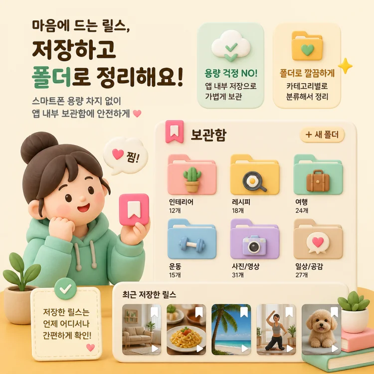 인스타그램 릴스 우측 하단의 리본 모양 저장 아이콘을 누르고, 새 컬렉션 폴더를 만들어 분류하는 앱 화면