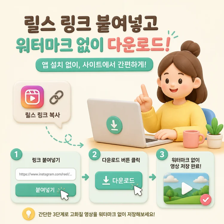 스마트폰 웹 브라우저에서 인스타그램 릴스 다운로드 전용 사이트에 접속해, 복사한 링크를 입력창에 붙여넣는 화면